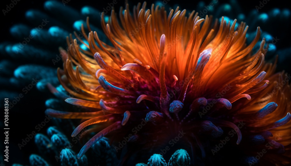 Obraz premium Underwater nature reef, animal, close up, blue fish, water, multi colored sea life generated by AI