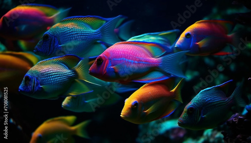 A vibrant underwater world with a school of colorful fish generated by AI