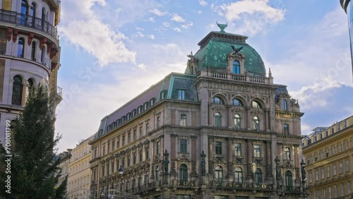 Parallax movement of the Palais Equitable historic building located in Stephansplatz Square, downtown Vienna, Austria 