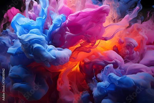 Deep sapphire and neon pink liquids intertwining in a spectacular explosion of energy, creating a dynamic abstract composition captured in high-definition by an HD camera.