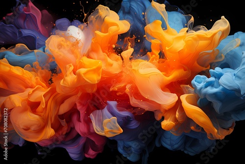 Deep sapphire and vibrant tangerine liquids intertwining in a spectacular explosion of energy, creating a dynamic abstract composition captured in high-definition by an HD camera