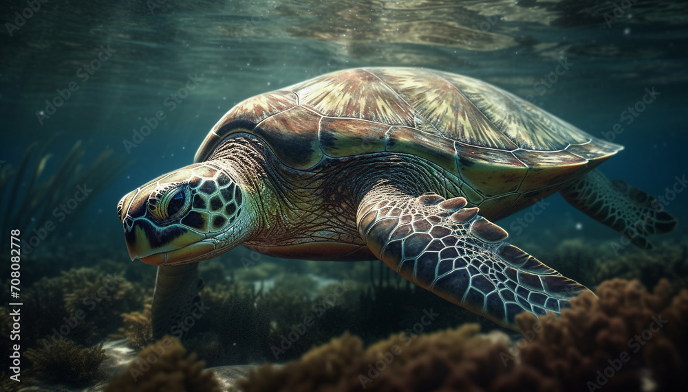 Fototapeta premium Turtle swimming in blue reef, a beautiful underwater adventure generated by AI