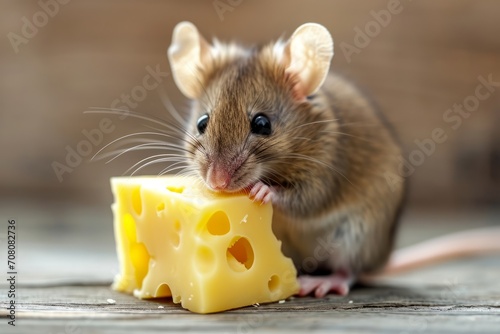  Small cute mouse eating big piece of cheese, close up view