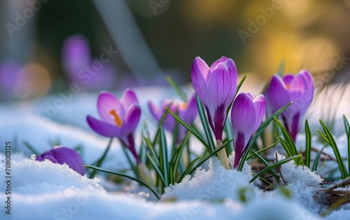  Purple crocuses growing through the snow in early spring