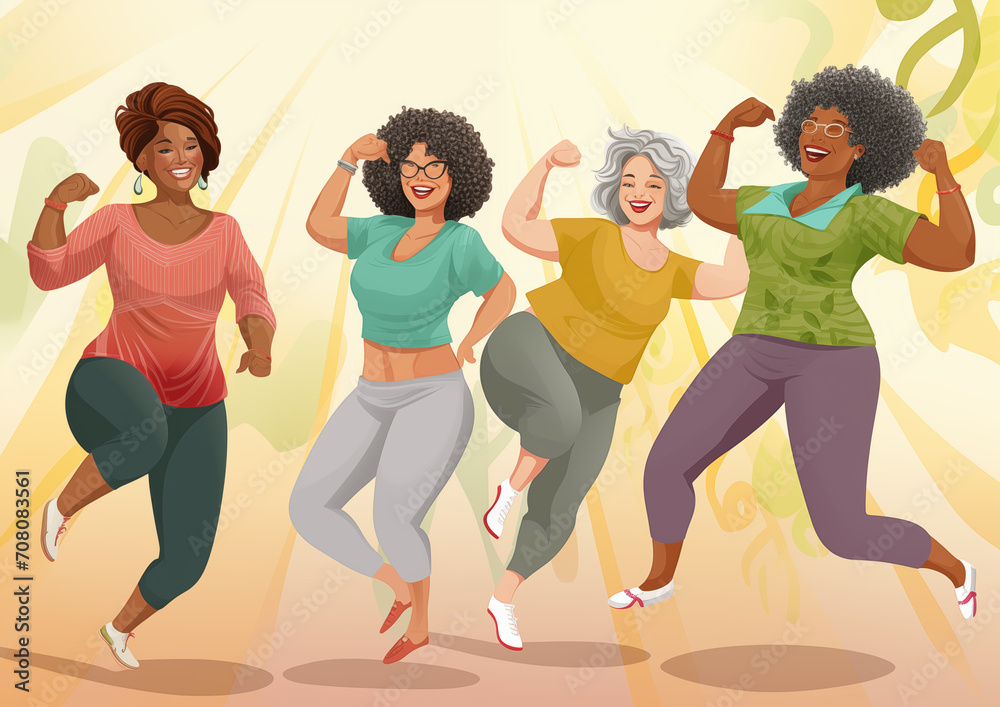 Fototapeta premium Illustration of fit, middle-aged women showing their active lifestyle by jumping into the air in an excited way