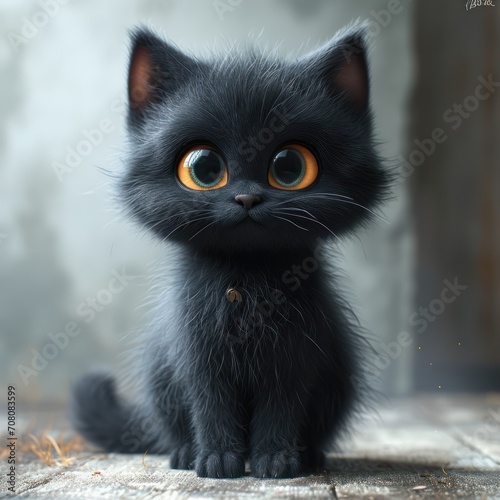 Cute fluffy black kitten. Looks at the camera. 3d rendering