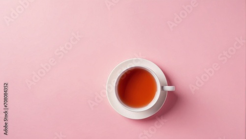 Hot cup of tea stands on light pink background, top view, copy space