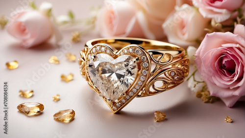 Beautiful gold ring with diamond in the shape of a heart, flowers
