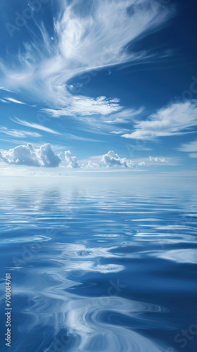 Azure Dreams: A Tranquil Blue Background with Wispy Clouds and Reflective Waters