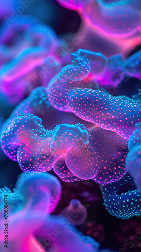 Neon Bioluminescence: A Close-Up View of Digital Bioluminescent Organisms with Electric Fuchsia, Pixelated Cyan, and Neon Lime
