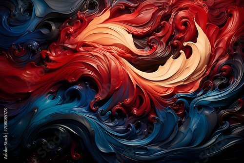 Dynamic swirls of ruby red and sapphire blue converging with elegance