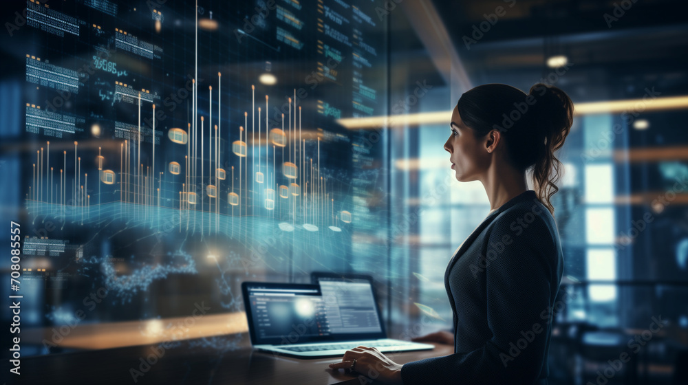 Fototapeta premium Businesswoman analyzing and calculating data for long term investment growth goals and company finance balance, Business strategy and plan for target. Economic analysis of Digital marketing. 
