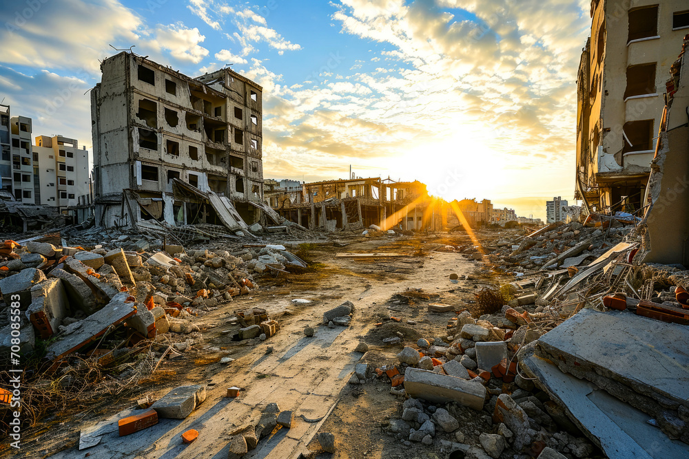 Fototapeta premium Sun Setting Over Destroyed Building, Aftermath of Rocket Attack on City