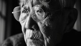 portrait of elderly Korean war veteran reminiscing on independence movement day, close-up shot, black and white monochrome