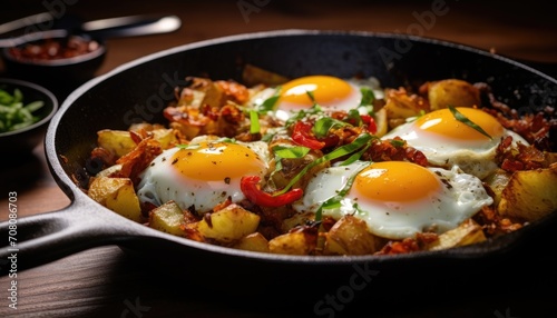 Pan With Fried Eggs and Potatoes, A Delicious Breakfast Option