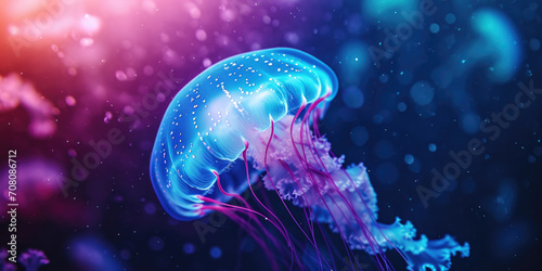 Bioluminescent Beauty: Ethereal Jellyfish Floating in Deep Blue Sea © romanets_v