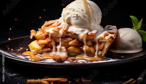 Plate of Delicious Apple Pie Covered in Ice Cream - A Sweet Treat