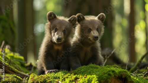 Pair of Brown Bear Cubs Sitting on a Moss-Covered Log in the Forest