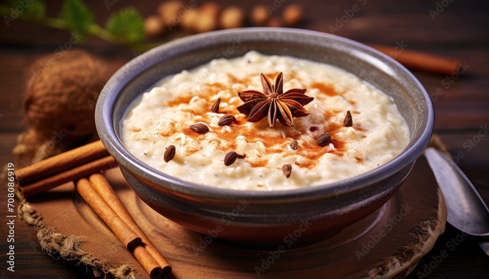 Bowl of Rice Pudding With Cinnamon and Star Anise, A Warm and Flavorful Breakfast Option