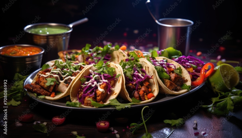 Plate of Tacos With Side of Guacamole, Delicious Traditional Mexican Cuisine Plate of Tacos With Side of Guacamole, Delicious Traditional Mexican Cuisine