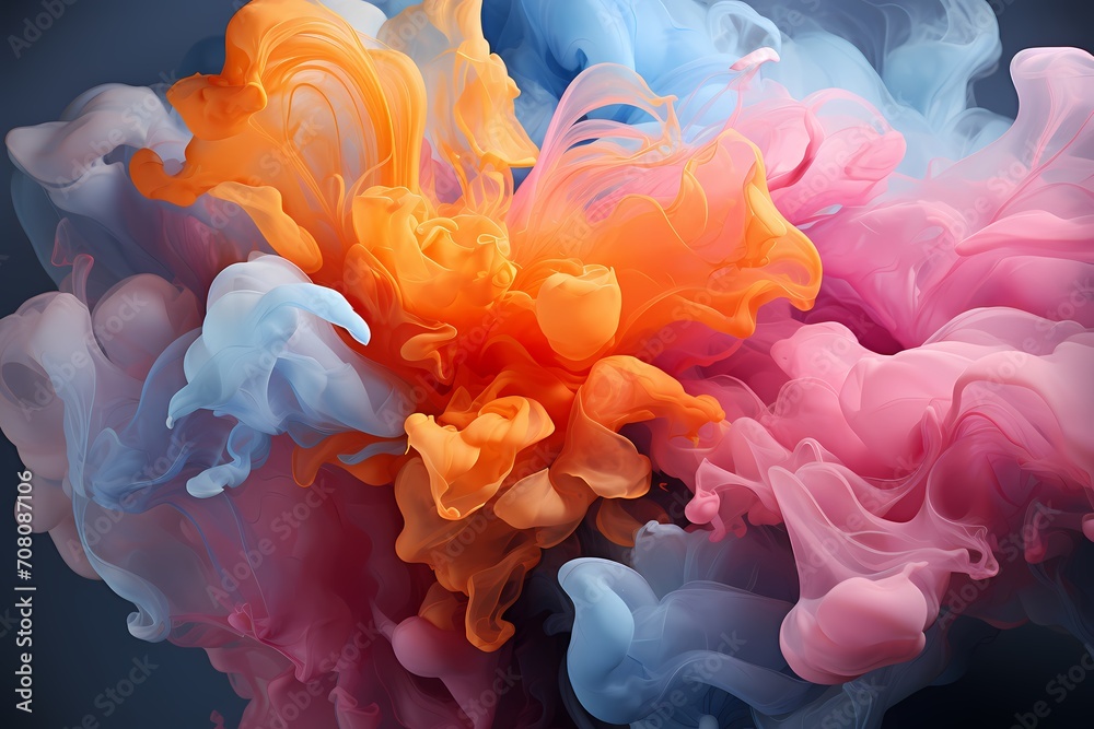 Dynamic waves of royal blue and soft coral liquids meeting in a burst of energy, crafting a visually engaging abstract background with high-definition details.