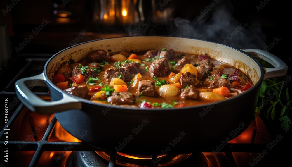 Pot of Savory Meat and Beef Stew Simmering on Stove Pot of Savory Meat and Beef Stew Simmering on Stove