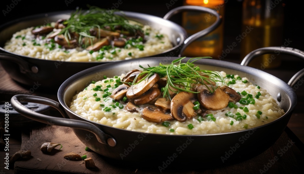 Two Pans of creamy Risotto Topped With Mushrooms