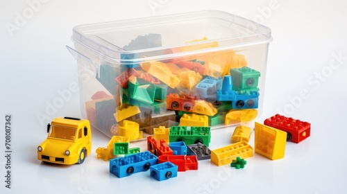 Children's, multi-colored, bright construction set in a transparent plastic container. Toy storage box photo