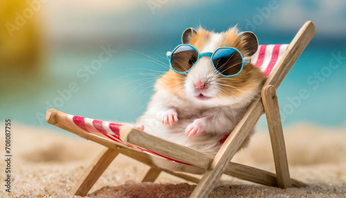 Hamster with sunglasses on the beach