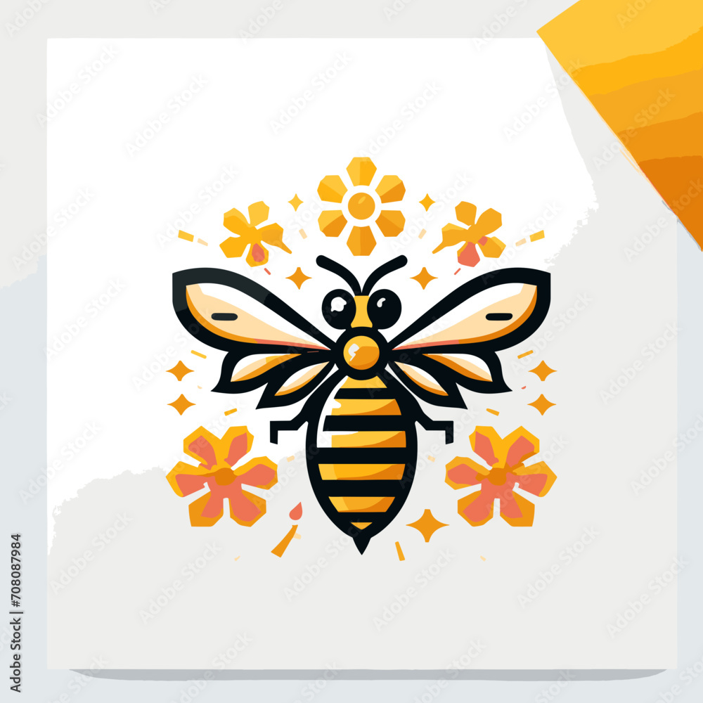 Vector logo for badge, sticker, label, emblem, honey shop, apiary, farm, market. Honey bee and flowers on a white background.