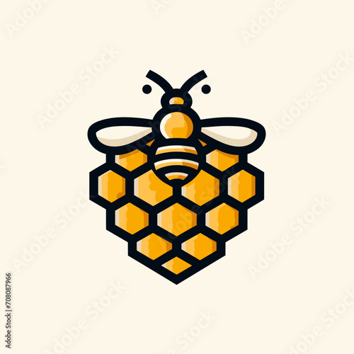 Vector logo for badge, sticker, label, emblem, honey shop, apiary, farm, market. Honey bee and honeycomb on a white background.