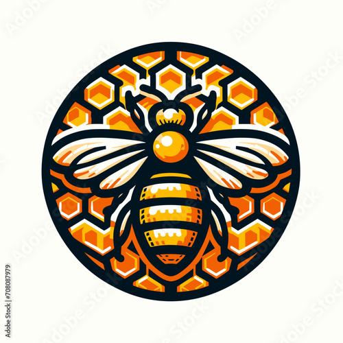 Vector logo for badge, sticker, label, emblem, honey shop, apiary, farm, market. Honey bee and honeycomb in a circle on a white background.