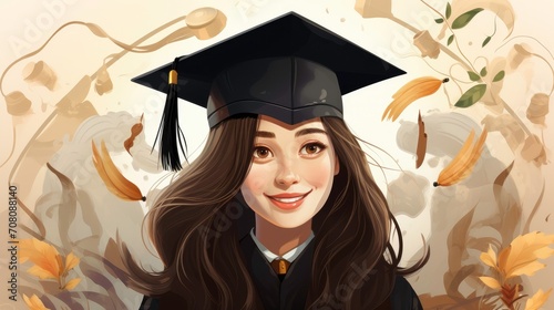 illustration of young girl wearing a graduation cap smiling happily