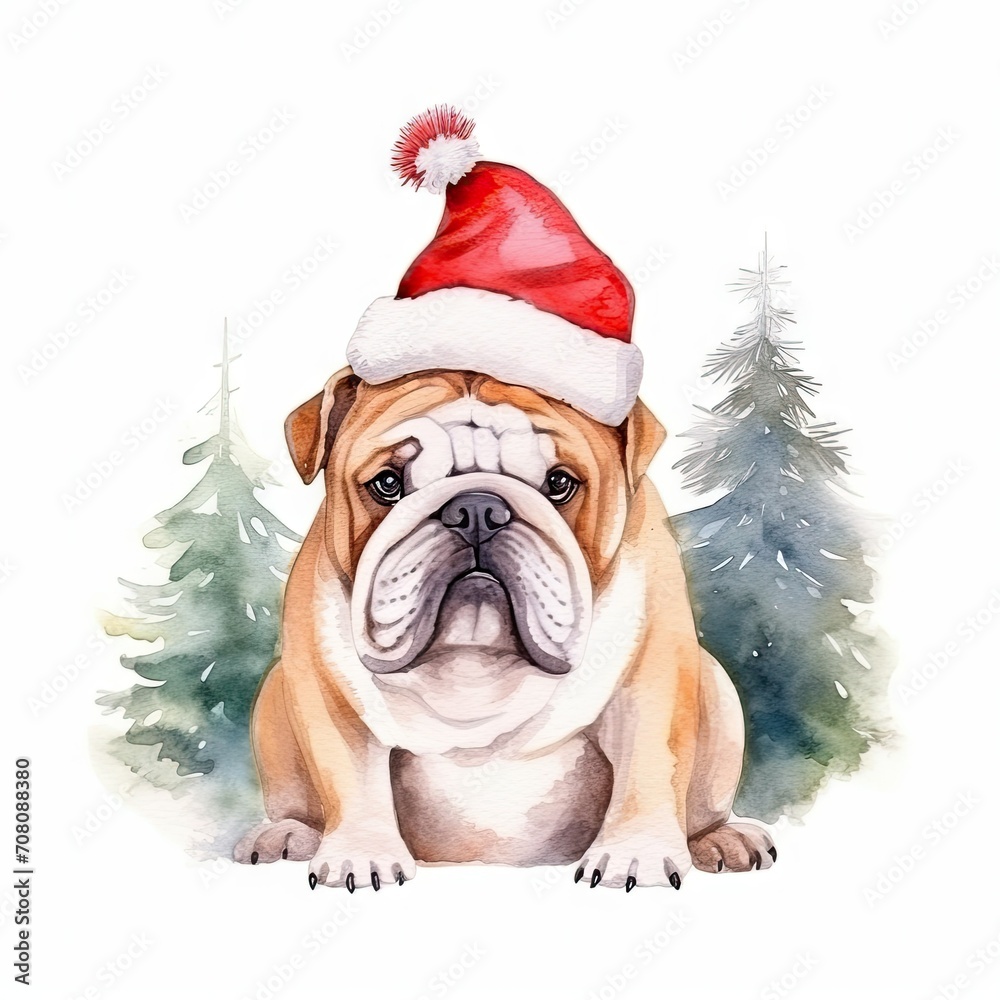 cute English bulldog in a Christmas red hat. naive art soft watercolor Clipart cute English bulldog in a Christmas red hat. naive art soft watercolor Clipart