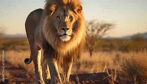 Majestic lion walking in the African wilderness generated by AI