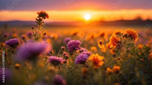 a photograph of beautiful purple, orange and yellow flowers in a field, focusing on the sunset and the grassy meadow is blurred, creating a warm golden hour effect during sunset and sunrise photo