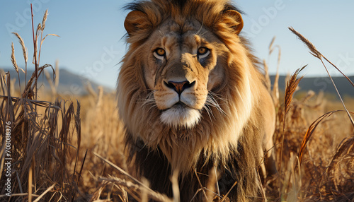majestic lion walking in the African savannah generated by AI