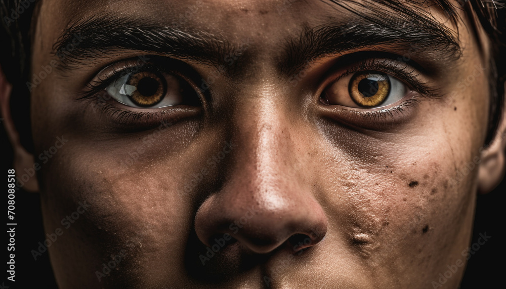 Naklejka premium One man staring, serious, sadness, looking at camera, black background generated by AI