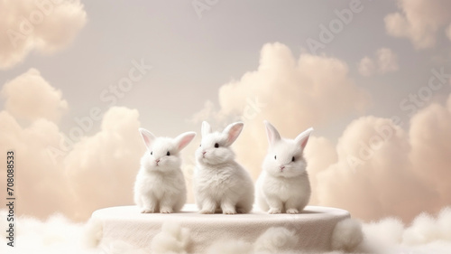 three fluffy white cute bunnies on the podium atmospheric clouds background dreamy image photo