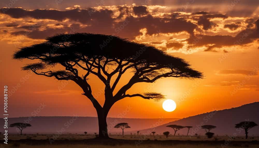 Silhouette of acacia tree in African sunset generated by AI