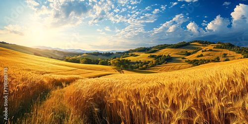 Golden Summer Splendor  Panoramic View of Ripe Wheat Fields  Spacious Hilly Landscape  and Blue Sky on Warm Rural Day