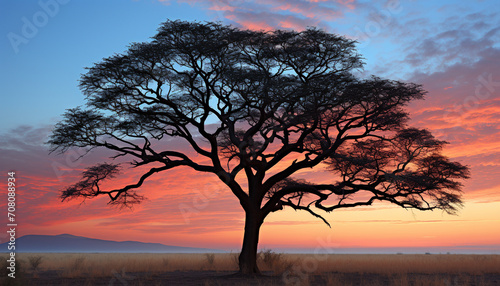 Silhouette of acacia tree against orange sunset sky generated by AI