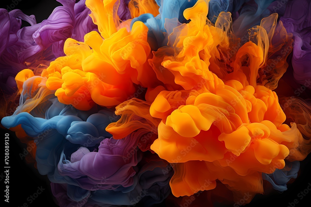 Electric orange and royal purple liquids colliding, creating a vibrant explosionr