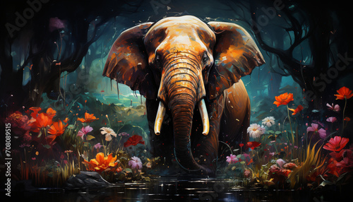 Elephant in nature, mammal with abstract animal trunk decoration generated by AI