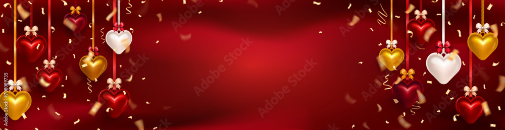 Romantic luxury blank panoramic banner or Valentine's Day header with 3d glossy hearts hanging on silk ribbon with realistic bow and golden confetti streamers with copy space or empty place for text Romantic luxury blank panoramic banner or Valentine's Day header with 3d glossy hearts hanging on silk ribbon with realistic bow and golden confetti streamers with copy space or empty place for text