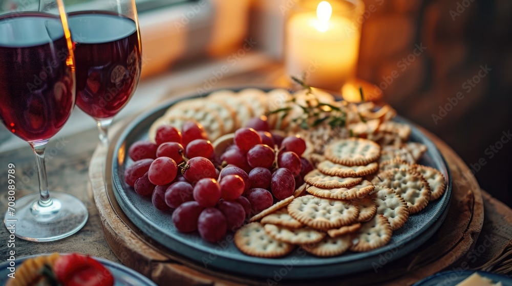 Valentine's day Aperitif, Heart-Shaped Cheese and Crackers Platter with Red Grape Accents. Valentine's day Aperitif, Heart-Shaped Cheese and Crackers Platter with Red Grape Accents.