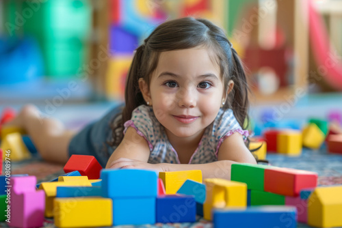Little girl playing with building blocks on floor in kindergarten or at home