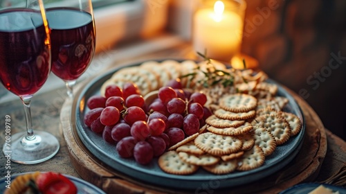 Valentine's day Aperitif, Heart-Shaped Cheese and Crackers Platter with Red Grape Accents.