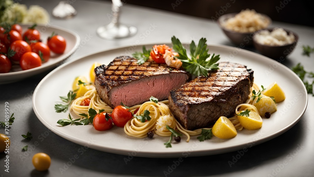 menu concept. Pasta with delicious grilled meat with healthy vegetables and tomatoes in a white plate on the table. 