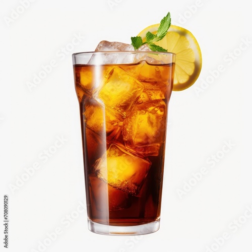 a close up of a glass of ice with a lemon and a slice of lime and mint on top of ice cubes with water and ice cubes on a white background.